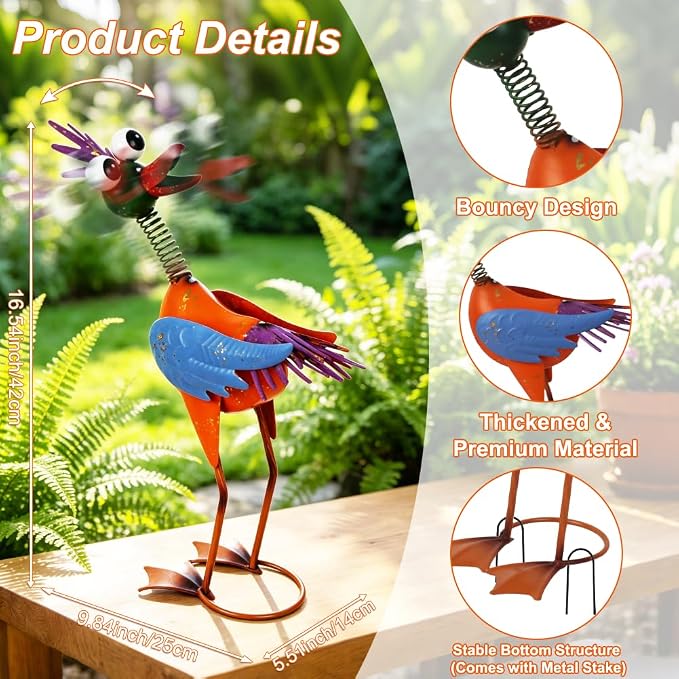 Metal Wacky Rooste Garden Statue, 16.54‘’ Rooster Decor Yard Statue Decorations Outdoor, Chicken Yard Art for Outside, Patio, Backyard, Lawn (Yellow & Blue)
