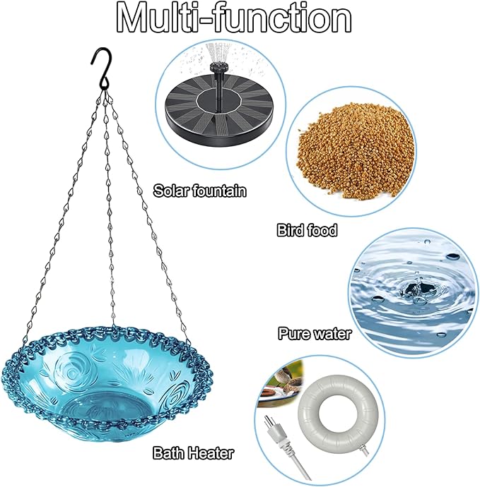 4 Pack Blue Hanging Bird Bath & Feeder, Plastic Water Seed Tray, Outdoor Decor for Wild Birds & Garden Yard