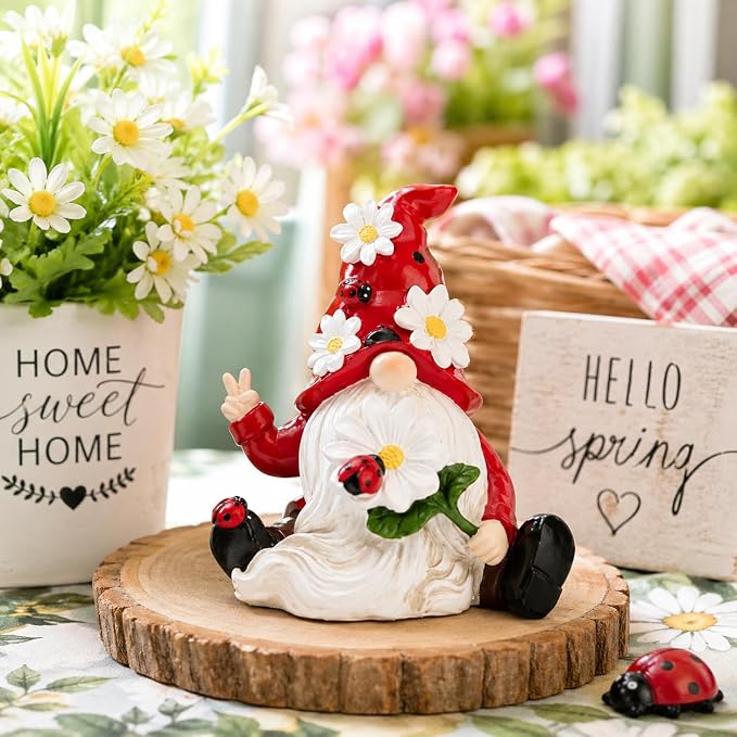Hodao Spring Gnome Figurine Ladybug Decor, Cute Resin Garden Gnome with Floral Hat, Indoor Outdoor Home Decorations, Shelf Desk Ornament, Seasonal Gift for Family Friends Housewarming Birthday