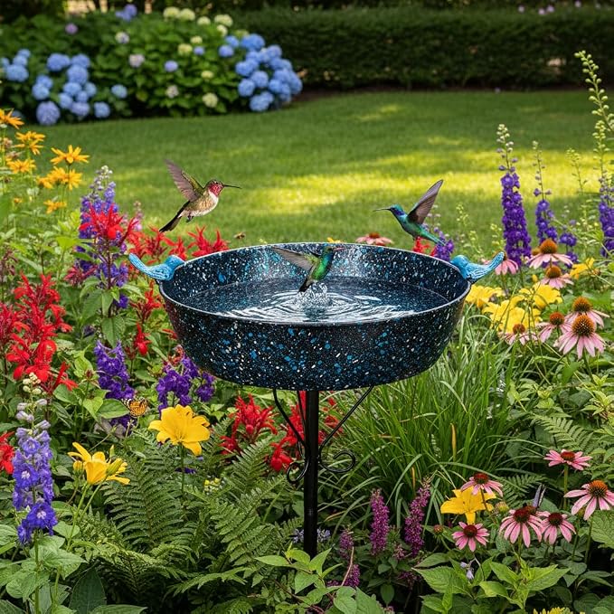 Outdoor Garden Bird Bath, Metal Birdbath with Stable Stakes Bird Feeders for Outdoor Yard Lawn Patio (3" Deep*35" Height)