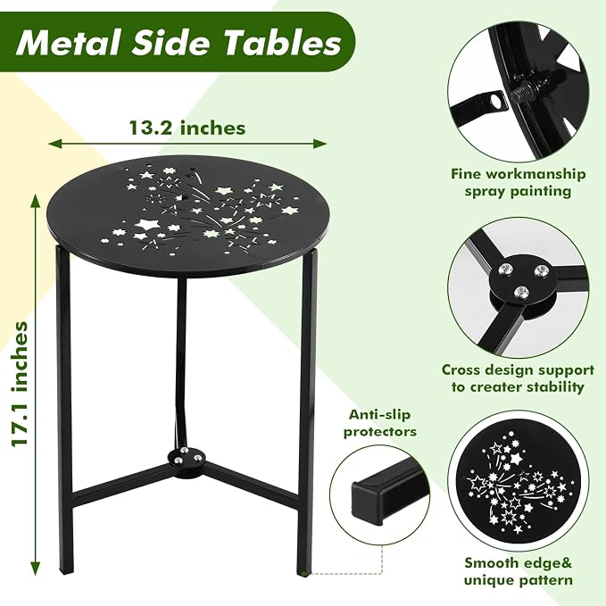 Party Zealot Set of 2 Small Round Metal Side Tables 13 Inches Black Outdoor End Tables for Patio, Balcony, Porch or Garden – Weather-Resistant Corner Coffee Table for Small Spaces & Indoor Plant Stand