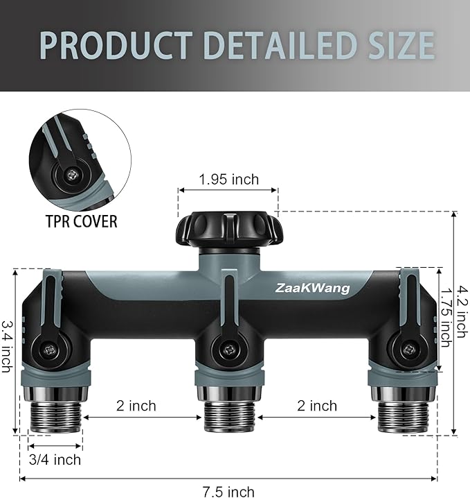 Garden Hose Splitter, 3 Way Hose Splitter, Heavy Duty Water Hose Bib Spigot Splitter, Outdoor Faucet Splitter with Shutoff Valve, T Adapter Connector with 3/4 - Inch GHT Thread (Grey)