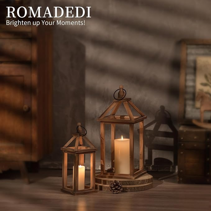 Romadedi Farmhouse Wood Candle Lantern - 12" / 16" Set of 2 Rustic Wooden Lanterns Decorative Candle Holder Home Decor Wedding Table Centerpiece Indoor Outdoor Fireplace Decorations, Brown
