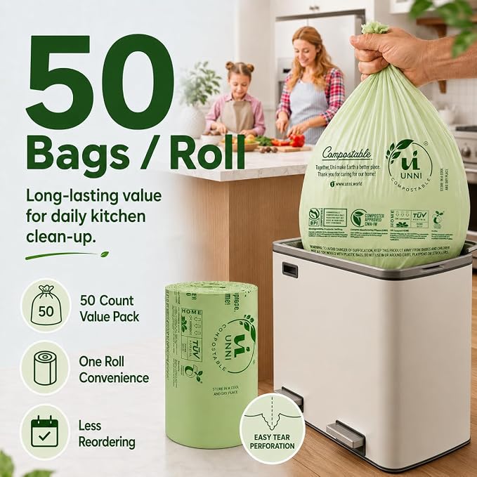 UNNI Compostable Trash Bags, 13 Gallon / 49.2 Liter, 50 Count, Extra Thick 0.9 Mil Tall Kitchen Food Scrap Bin Liners, Certified by BPI, CMA & OK compost HOME, Meets the ASTM D6400 Standard
