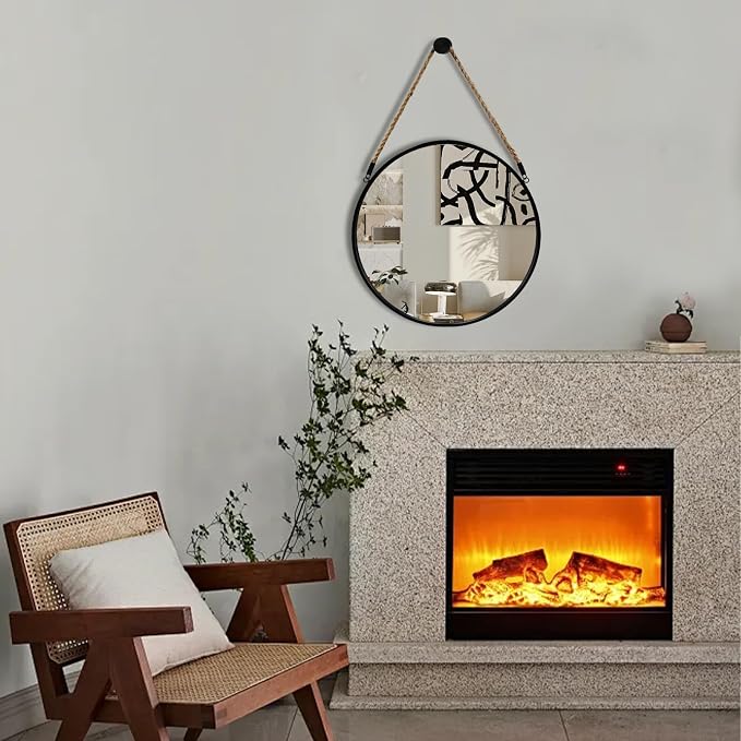 POZINO Round Hanging Mirror with Rope, 15" Circle Wall Mirror with Black Metal Frame, Farmhouse Decorative Mirror for Entryway, Living Room, Fireplace, Bedroom, Bathroom