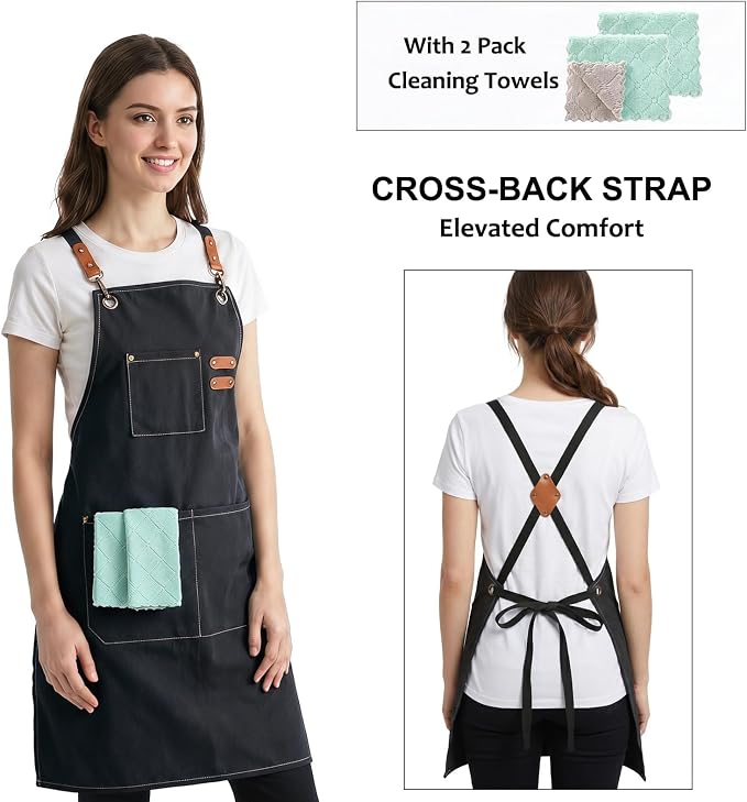 ZOMAO Chef Apron,Cross Back Apron for Women and Men,Cotton Canvas Apron with Adjustable Straps and Large Pockets,Kitchen Cooking Baking Bib Apron