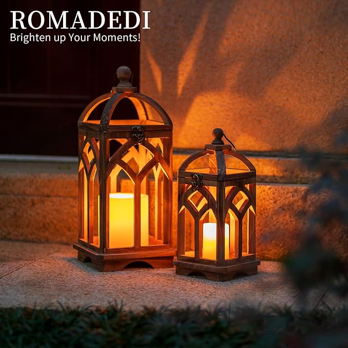Romadedi Farmhouse Candle Lantern Wooden - 12" / 16" Set of 2 Decorative Rustic Wood Candle Holder Home Decor Decoration Wedding Table Centerpiece, Brown