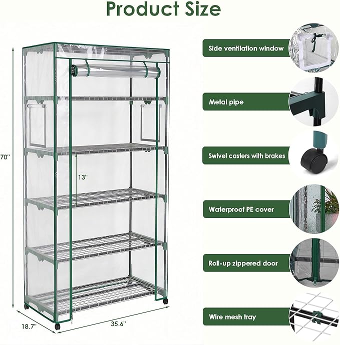 Indoor Greenhouse with Grow Lights & Wheels, 5 Tier Wire Shelf PVC Tent Portable Mini Green House Cabinet Kit for Plant Seed Starting Mushroom Grow (Upgraded)