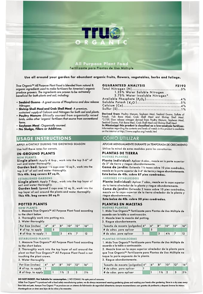 True Organic All Purpose Plant Food – Organic Fertilizer for Fruits, Vegetables, Flowers, and Herbs – 4lb Bag Covers 87 sq. ft.