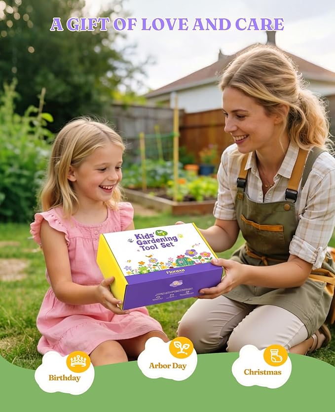 8Pcs Kids Gardening Set with Metal Basket & Real Metal Tools, STEM Outdoor Exploration Kit, Ergonomic Wooden Handles, 3 Shovels, Rake, Watering Can, Gloves, Toy Gift for Toddler Boys Girls