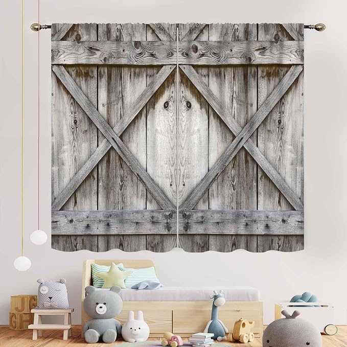 Rustic Wooden Curtains, Farmhouse Gray Barn Door Country Cottage Western Barnwood Garage Printed Blackout Window Drapery Treatments for Kitchen Living Room Bedroom Cafe, 42"x45" Inch