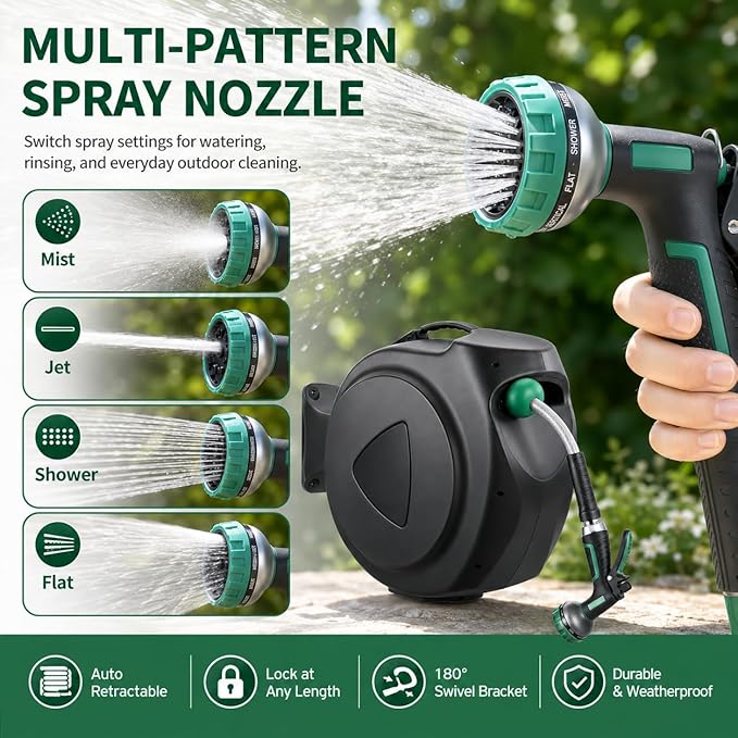 Retractable Garden Hose Reel, 65FT Wall Mounted Auto Rewind Water Hose Reel with 180° Swivel Bracket, Any Length Lock, Kink-Free Hose Guide, Multi-Pattern Spray Nozzle for Yard, Lawn & Outdoor