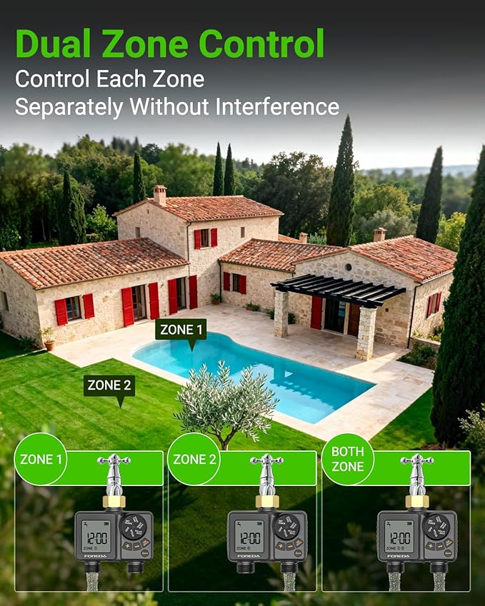 2 Zone Water Timer for Garden Hose, Programmable Hose Timer for Watering with Built-in Rechargeable Battery, Rain Delay/Manual/Auto Modes, IPX6 Waterproof Sprinkler Timers for Lawn, Yard, Farm