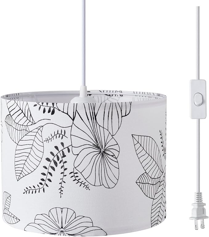 KUAUGST Plug in Pendant Light, 15 FT Hanging Lamp with Plug in Cord, On/Off Switch, Pendant Lighting with Fabric Shade, Hanging Light Fixture for Living Room, Bedroom, Dining Room, Kitchen