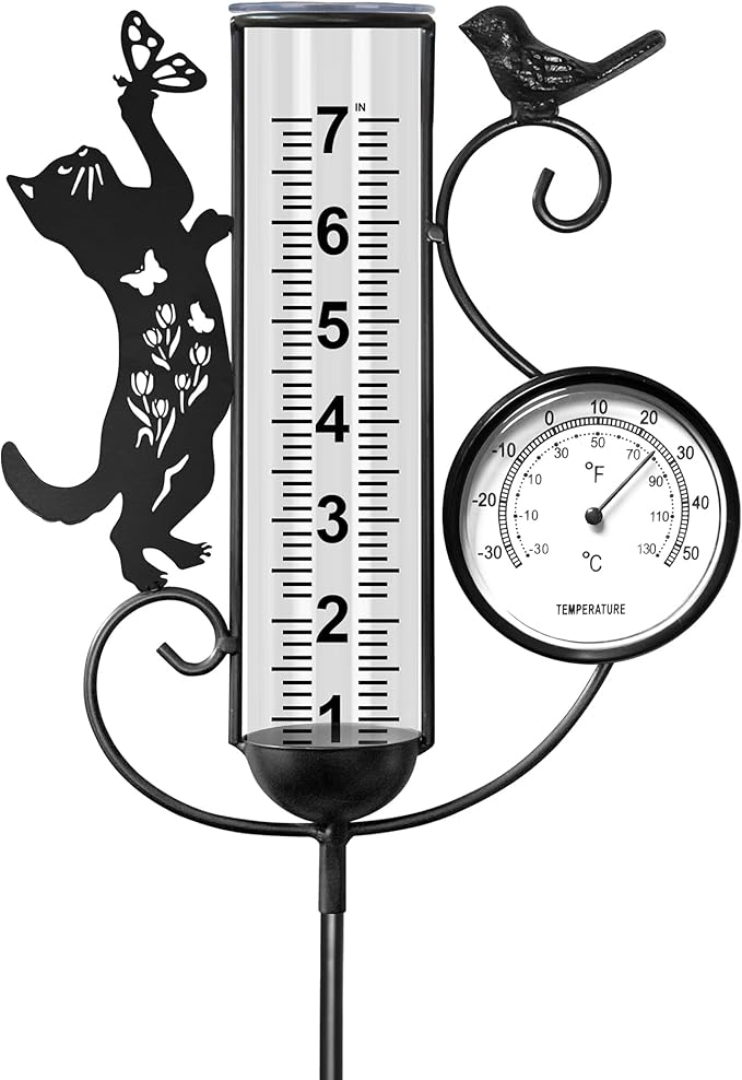 shumi Rain Gauge Outdoor with Thermometer Garden Decor, Bird and Cat Decorative Outdoor Rain Gauges for Yard Patio Lawn, Gardening Gifts for Women