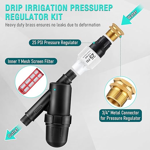 Aurelema Drip Irrigation Pressure Regulator and Filter 25 PSI Water Backflow Preventer for 3/4'' Garden/Faucet Hose Thread and Drip Irrigation Inline Y Filter 3/4" x 3/4" FHT Hose Connection (2 Pack)