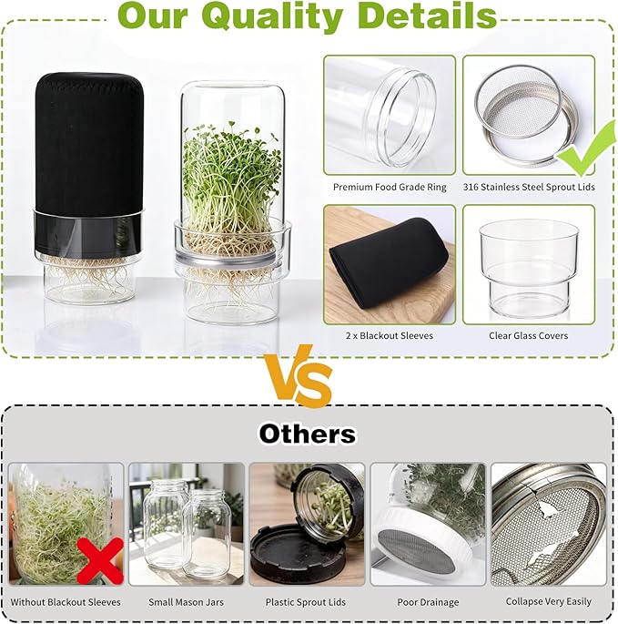Sprouting Kit, 2 Wide Mouth Sprouting Jar with Stainless Steel Screen Sprout Lids, Blackout Sleeves, Drain Cover, Sprouts Growing Kit for Broccoli, Mung Beans, Alfalfa & Microgreens