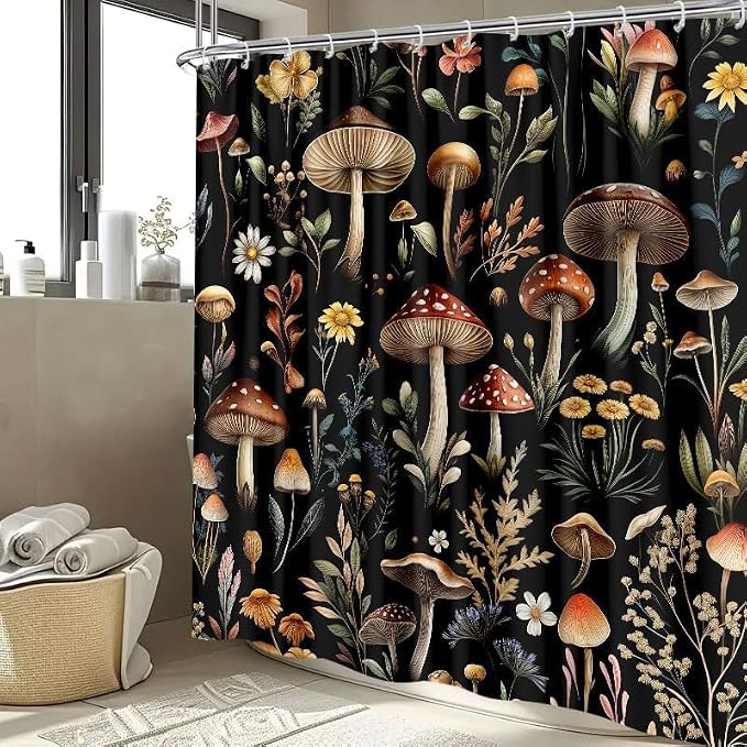 Vintage Mushroom Shower Curtain, Witchy Aesthetic Black Boho Floral Retro Botanical Shower Curtain Set, Fairy Dark Wildflower Plant Decorative Farmhouse Bathroom Accessories Curtain with Hook 72X78IN