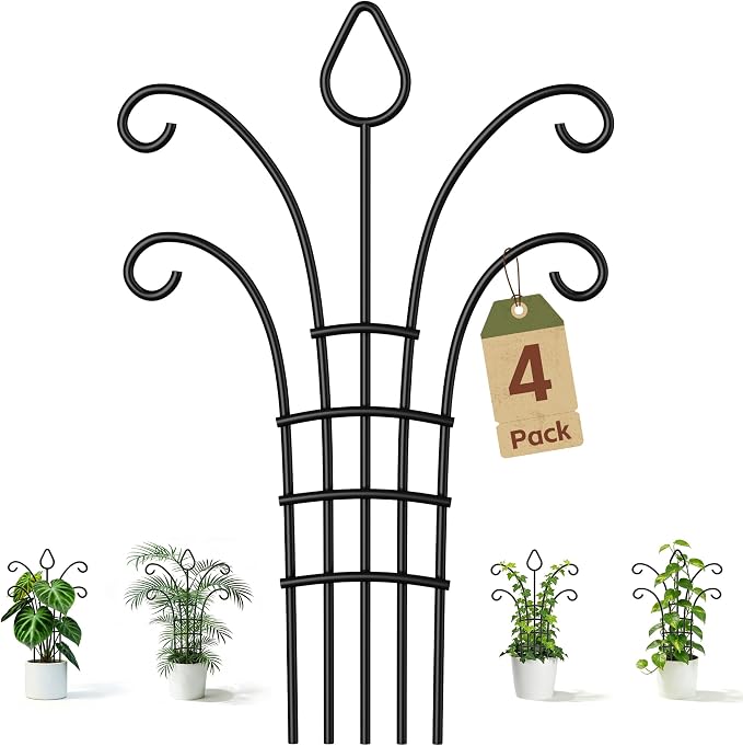 4 Pack Metal Small Plant Trellis for Potted Plants，Metal Indoor Plant Trellis for Climbing Plants，Black Mini Trellis Support with 5-Prong Base & 50 Ties, for Pothos Hoya Ivy, Gift for Plant Lovers
