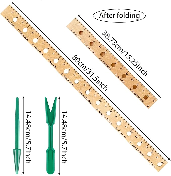 Foldable Plant Ruler Spacer Tool Seeder – Precise Planting for Vegetable Garden Yard – Wooden Seeding Spacing Ruler with Plant Dibble