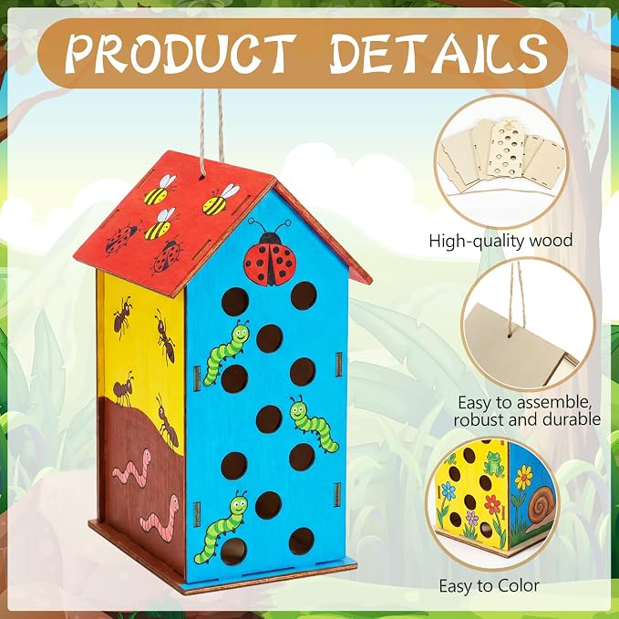 DoubleFill 24 Pack Wood Ladybirds House Painting Crafts Kits My First Ladybugs House DIY Art Craft Kit with Hemp Rope DIY Cedar Wooden Birdhouse for Building Bee Butterfly Habitat, No Paint