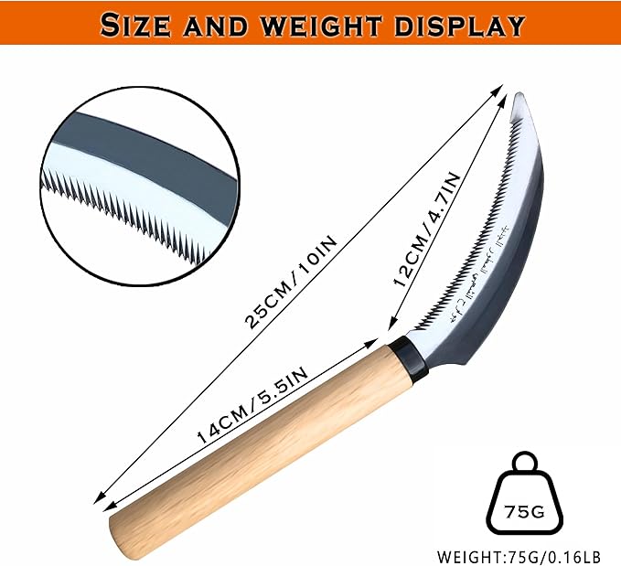 Grass Sickle with Sawtooth Japanese Weeding Hoe Weeding Tools for Garden High Toughness Stainless Steel with Hard Solid Wood Handle(Beige)