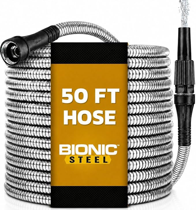 BIONIC STEEL 50 Ft Metal Garden Hose with Sprayer Nozzle, Non Kinking Designed Stainless Steel Heavy Duty Water Hose 50Ft x 5/8 in. Ultra Flexible NON Expandable for Uninterrupted Water Flow, 500 PSI