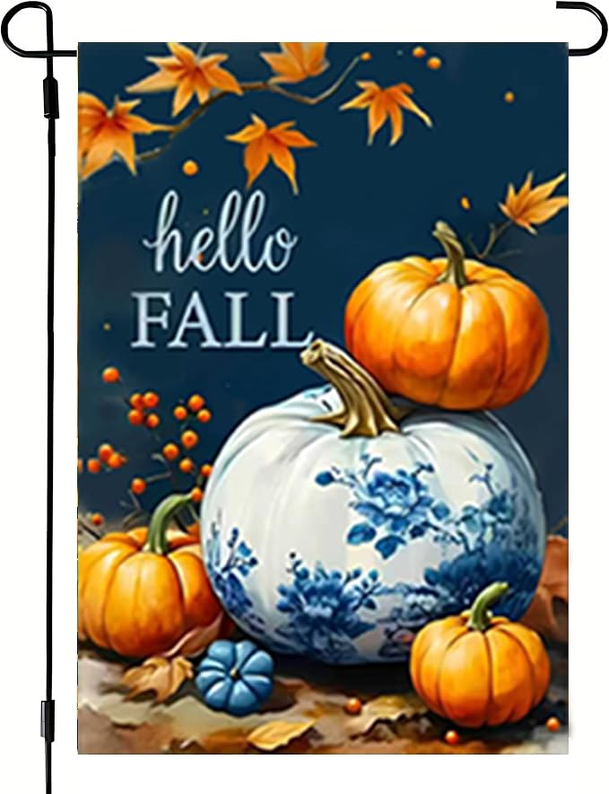 Hello Fall Garden Flag 12x18 Double Sided, Burlap Seasonal Thanksgiving Autumn Blue Pumpkin Garden Flags Fall Decorations for Home Outside Porch Garden Decor, Small Decorative Outdoor Yard Lawn Flags