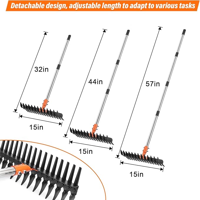 Lmaytech Garden Thatch Rake for Lawn, Heavy Duty Metal Thatching rake with Strong Handle, Wide 15inch Iron Dethatcher Rakes for Yard Leaf & Weed Clean, Soil Loose, Grass Groom