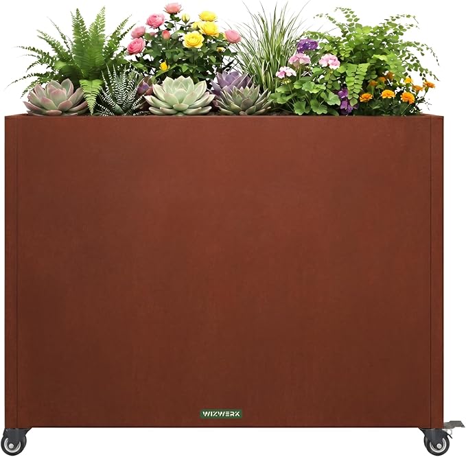 36 Inch Corten Steel Planter Box with Wheels, Tall Outdoor Rolling Planter with Drainage & Removable Shelf, Large Rectangular Weathering Steel Planter for Patio, Porch, Balcony & Garden