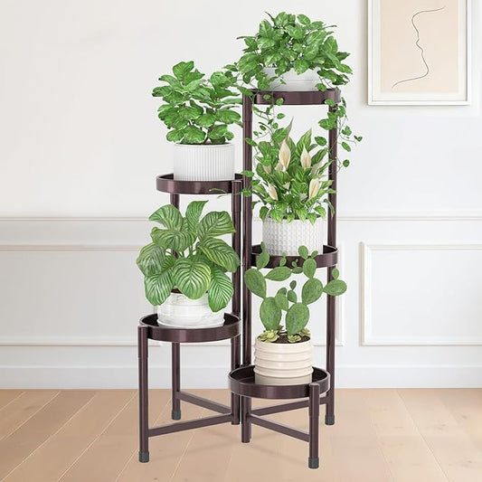 iDavosic.ly Plant Stand Indoor Outdoor, 5 Tier Corner Metal Flower Display Holder Shelf, Folding Tall Orchid Rack for Patio Balcony Porch Garden Living Room House, Violet Bronze