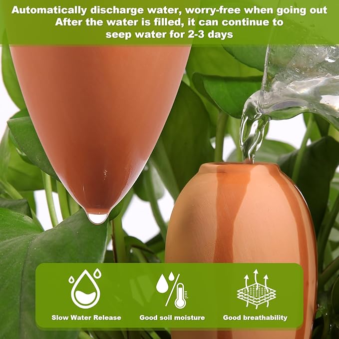 Olla Watering Pot Self Watering Planter Insert Terracotta Watering Spikes Premium Plant Watering Devices Irrigation Watering Spikes Automatic Plant Accessories 4 Packs (Small Cone)