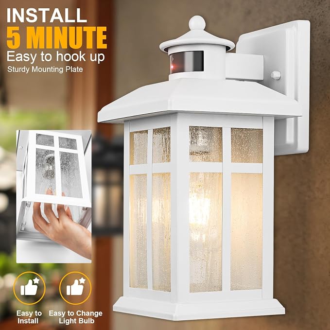 Brilvibera 2 Packs Motion Sensor Outdoor Lights, Outside Light Fixtures for House White, Porch Lights Outdoor 2- Pack with E26 Sockets & Tempered Glass, Waterproof Exterior Wall Lights Motion Sensor