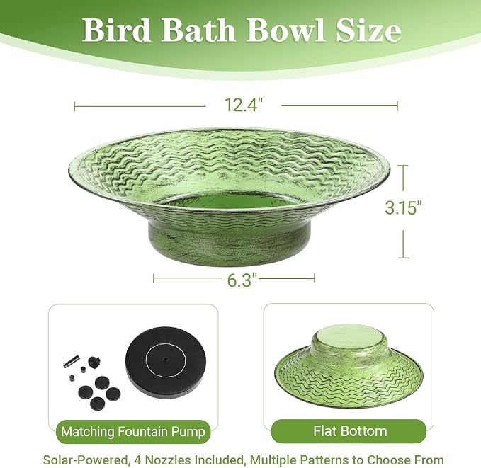 Solar Bird Bath for Outdoors, Metal Solar Birdbath Fountain with 4 Nozzles, 12.4" Bird Bath Fountain for Outside Garden Patio Lawn Decor (Green)