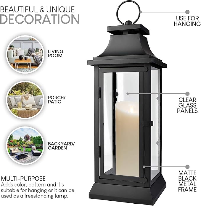 Serene Spaces Living Black Decorative Hurricane Lantern with Clear Glass Panels, Medium Indoor Outdoor Lantern for Porch, Events, Parties & Tabletop Decor, 5" Square & 15" Tall, Pack of 4