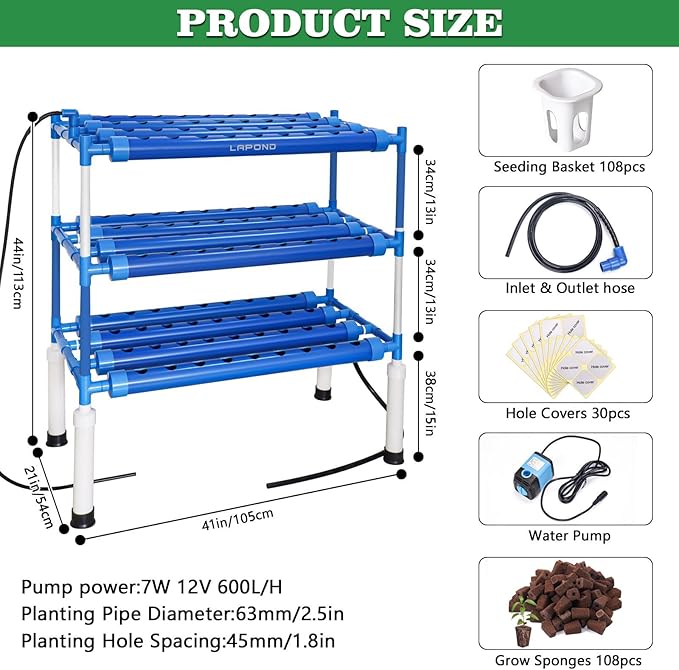 Hydroponics Growing System Kit for Vegetables,Flowers Fruits and Herbs, with 108 Plant Sites, Suitable for Indoor and Outdoor, Block Light Design