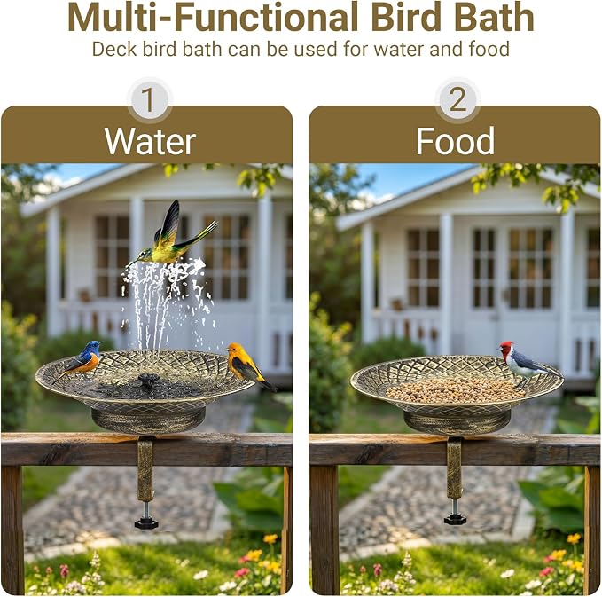 Solar Bird Bath for Deck Railing, 12.6“ Metal Solar Powered Bird Bath Fountain with Bubbler, 3.5” Adjustable Clamp for Balcony & Patio, 2-in-1 Deck Bird Feeder for Garden Yard Decor, Gold