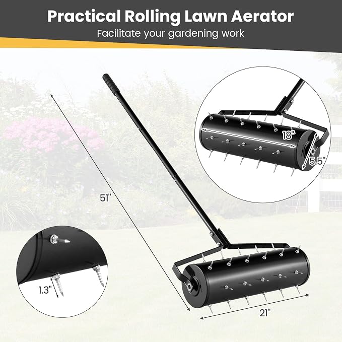 Goplus Rolling Lawn Aerator, 21-Inch Garden Yard Rotary Push Tine Filled Sand Stone, Heavy Duty Spike Soil Aeration w/Metal Handle, Fillable Drum 51" Manual Lawn Aeration Tool Garden Grass Patio Yard