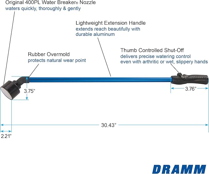 Dramm One Touch Rain Wand Watering Wand – 30 Inch Garden Watering Wand with Thumb Control Valve – Gentle Shower Spray for Plants, Flower Beds & Hanging Baskets – Blue