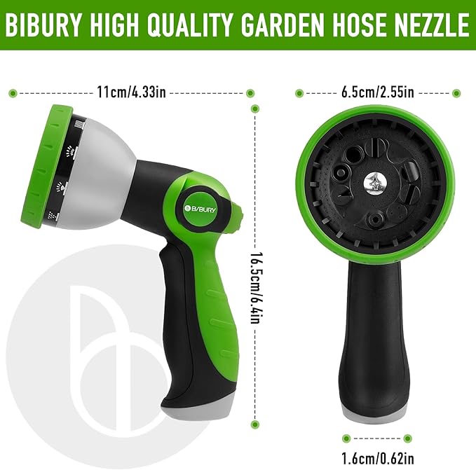 BIBURY Water Hose Nozzle Sprayer, Hand Sprayer with 10 Watering Patterns and On Off Valve Thumb Control, High Pressure Garden Hose Spray Nozzle for Watering Plants, Car Wash and Showering Pets (Green)