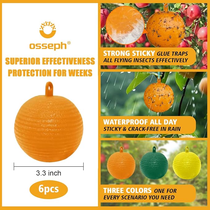 Sticky Insect Trap Ball, Osseph Fruit Fly Trap Balls for Indoor Outdoor 6pc, Physical Extra Sticky Hanging Bug Ball Catches Flie Gnat Wasps Mosquitoe Flying Insects (Orange)