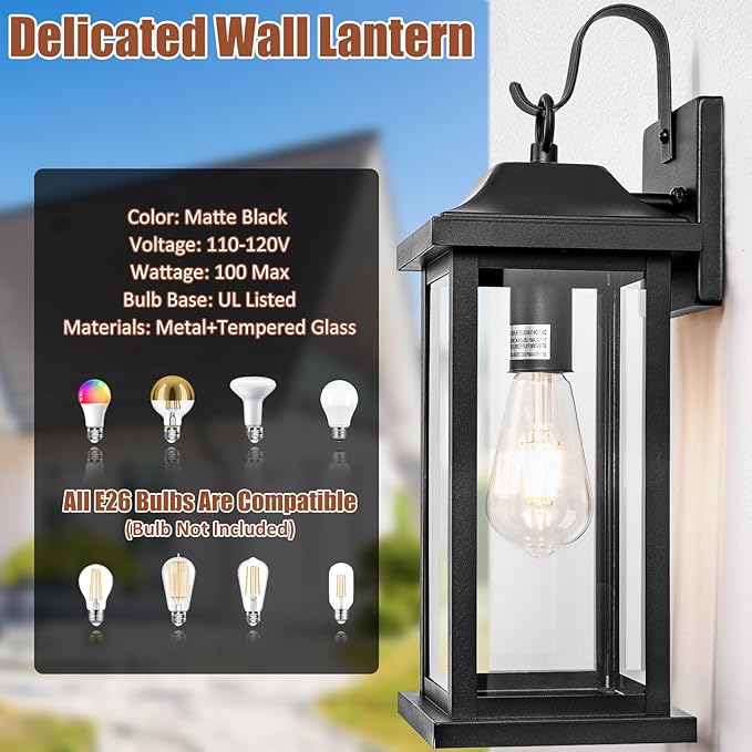 2-Pack Large Outdoor Light Fixtures IP65 Waterproof, Exterior Matte Black Sconces Wall Lighting Anti-Rust Porch Lights Outdoor with Clear Glass 17” Outside Modern Wall Lanterns for House