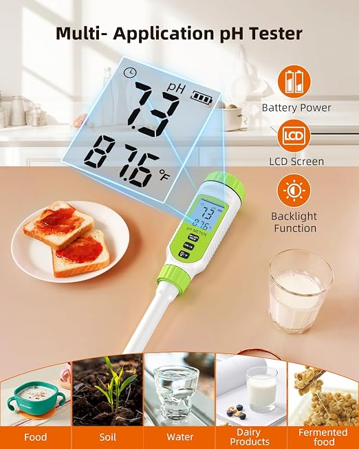 Tadeto Multifunctional Digital pH Meter for Food, High Precision Garden Soil pH Test Kit with LCD ℃/℉ Display for Plant/Solution, Water and Food pH Tester for Meat, Bread, Cheese,Water, Pool