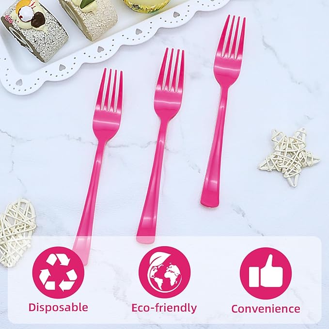 50 Pcs Hot Pink Plastic Forks, Hot Pink Plastic Silverware, Heavy Duty Plastic Cutlery Set Disposable Utensils Sets for Brithday, Wedding, Baby Shower, Bridal Shower