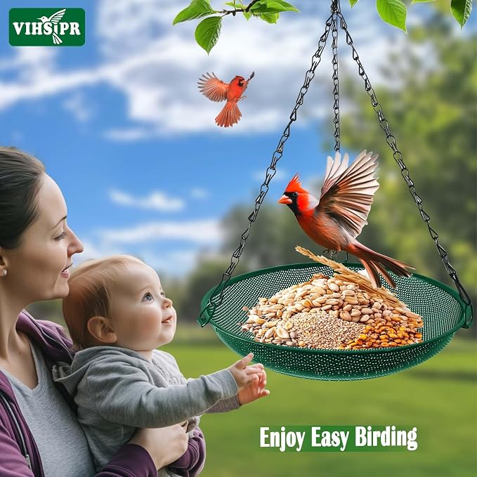 Hanging Platform Bird Feeder, 12 in, Green | Metal Mesh Seed Tray, For Wild Birds, Outdoor Use
