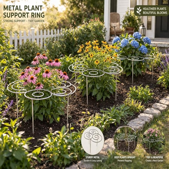 Metal Plant Support Ring for Garden, Peony Cage Stand, Indoor Pots, Flower Hoop, Decorative Grow Through Rings, Stackable Houseplant Stake, Dahlia Cage, Outdoor Orchid Clip(1PC,Large)