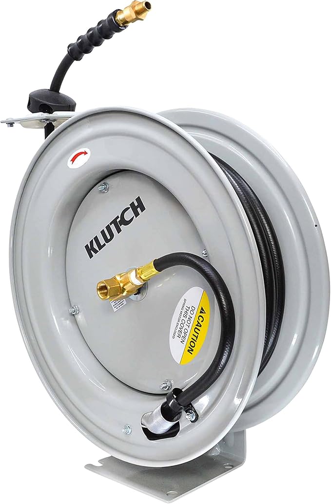 Klutch Auto-Rewind Air Hose Reel with 1/2-Inch x 50-Foot Rubber Hose - 300 PSI Max, Gray Wall-Mount Reel for Pneumatic Air Tools