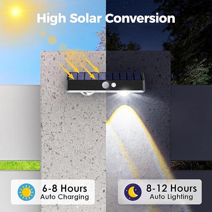 kolpop 2 Pack Solar Fence Lights Outdoor with 3 Modes Motion Sensor,IP65 Waterproof,1200mAh 60LM Bright LED Solar Lights for Fence,Patio,Backyard,Wall,Nighttime,Party(Cool White)