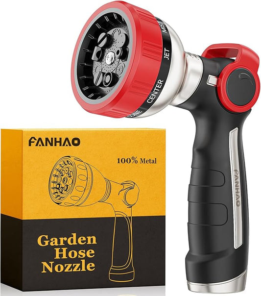 FANHAO Heavy Duty Garden Hose Nozzle with Thumb Control, 100% Metal Water Hose Sprayer with 9 Spray Patterns, On Off Valve, High Pressure Water Nozzle for Lawn/Garden Watering, Car & Pets Washing