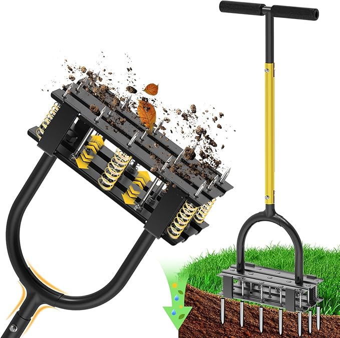 Aerator Lawn Tool - 2-in-1 Reinforced Heavy Duty Manual Lawn Aerator with 15 Spikes, Automatic Dirt and Leaf Clean Design, Adjustable T-Handle (Yellow)